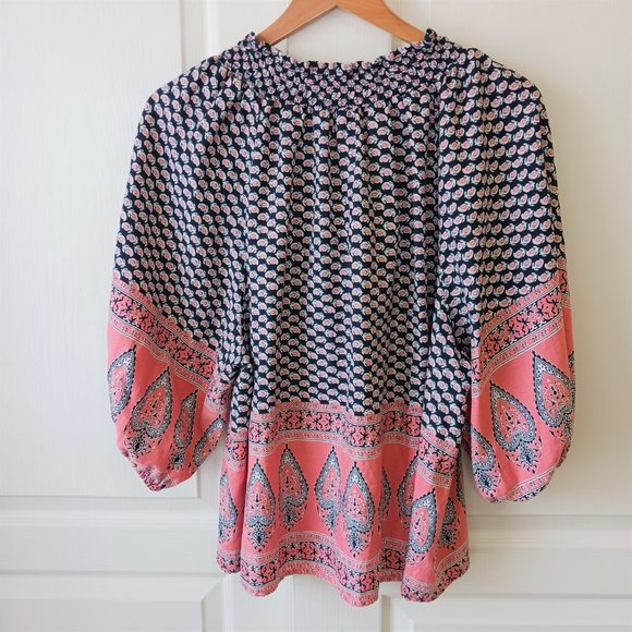 C&C California Women's Linen Blend Peasant Smocked Paisley Pink/Blue Top Size L - Picture 2 of 12